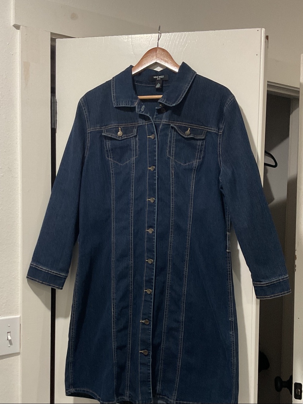 Nine West Dark Blue Long Sleeve Button-Front Denim Dress